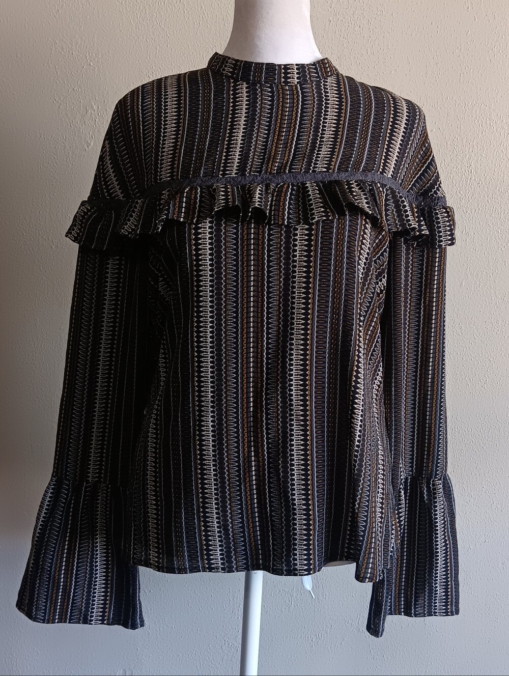 Striped Ruffle Mock Neck Ethereal Small Blouse Black/Brown Boho Peasant
